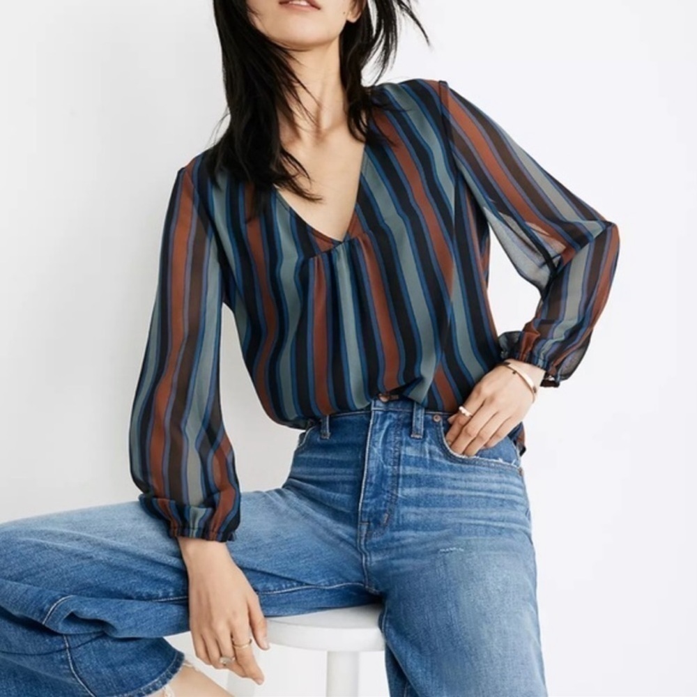 Madewell Sheer-Sleeve Top in Academy Stripe size XS like new
